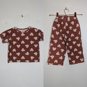 Magical Mamas Brown & Off White Mickey Mouse T-shirt & Pant Set In 3T